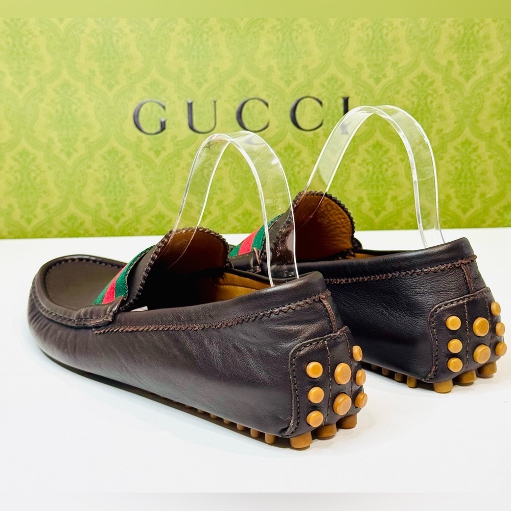 Men’s Gucci Web Accent Leather Drivers Moccasin Dark Brown Size 8.5 New no Box! - Picture 13 of 16